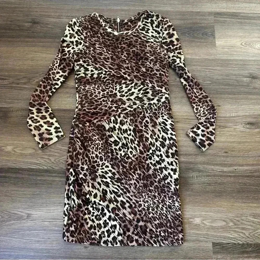 Torn by Ronny Kobo Pleated Bodycon Leopard Print‎ Dress Small Party Work Flatter